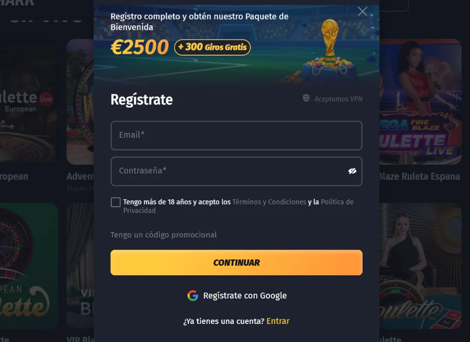 Winshark Casino Registro e inicio de sesión